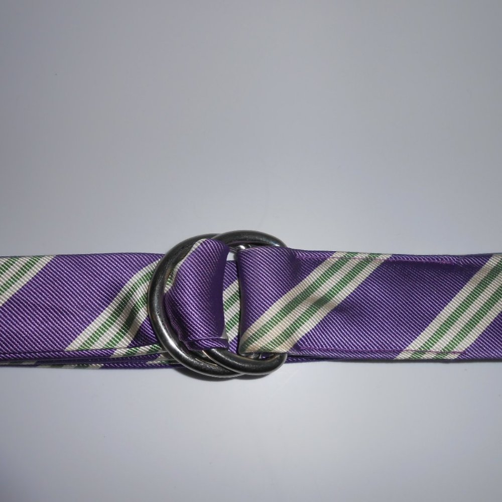 J Crew Silk Belt D Rings Purple Green Diagonal Stripe S/M Small Medium